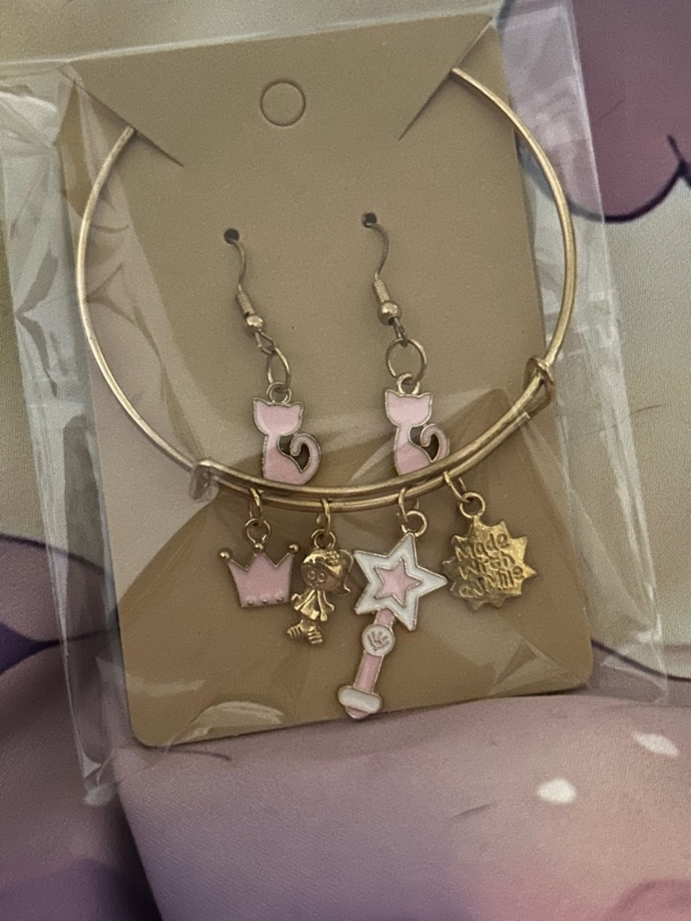 Gold Charm Bangle Bracelet with Pink Enamel Charms